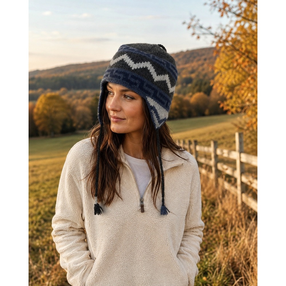 Discovery Channel Knit Earflap Hat Unisex OS Grey Blue Wool Fair Isle Chullo